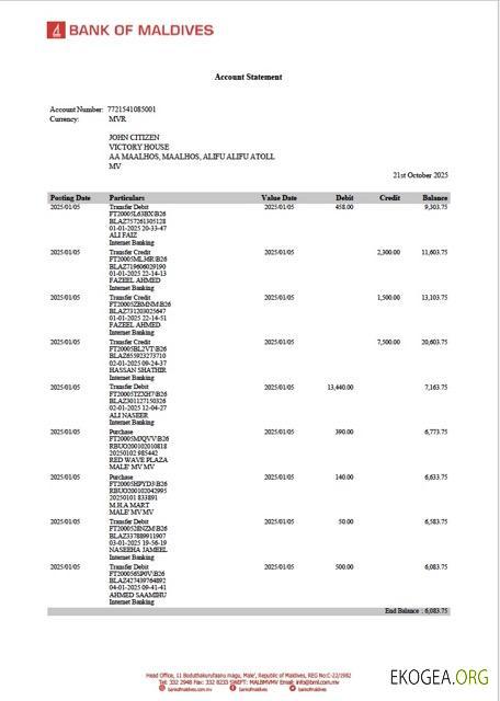 Modèle Word et PDF de relevé de compte de la Banque des Maldives des Maldives